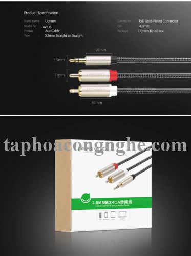 Ugreen 20820 0.5M màu Đen Cáp âm thanh 2 đầu Bông sen sang 3.5mm Dương đầu bọc nhôm mạ vàng AV135 30020820